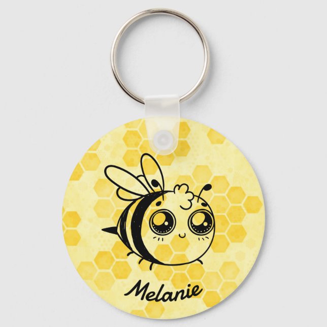 Pastel Yellow Honeycomb and Cute Bee Personalised Key Ring (Front)