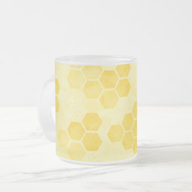 Pastel Yellow Honeycomb Pattern Frosted Glass Coffee Mug (Front Left)