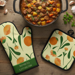 Pastel Yellow Illustrated Peaches And Flowers Oven Mitt & Pot Holder Set