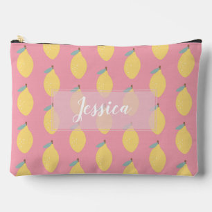 Pastel Yellow Lemons Pattern on Pink Personalised Accessory Pouch