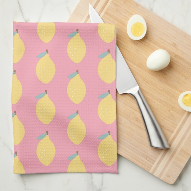 Pastel Yellow Lemons Pattern on Pink Tea Towel (Quarter Fold)