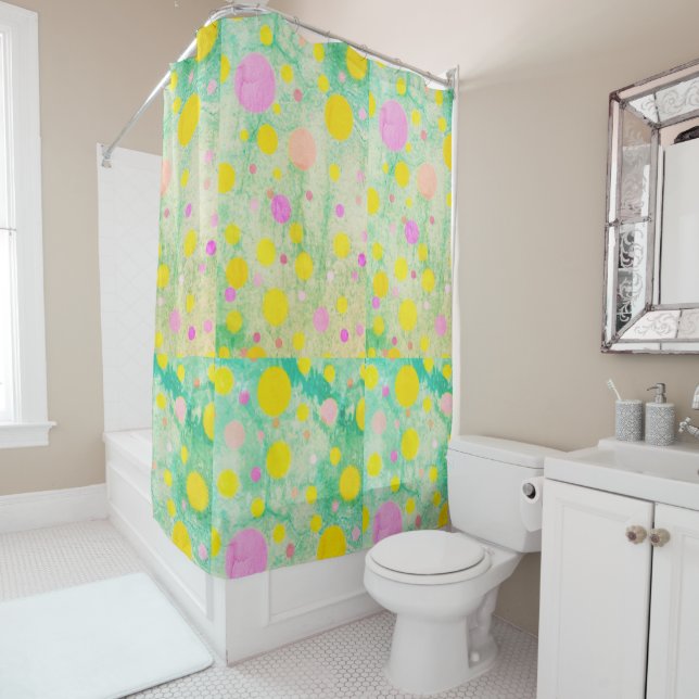 Pastel Yellow Mint Green Pink  Shower Curtain (In Situ)