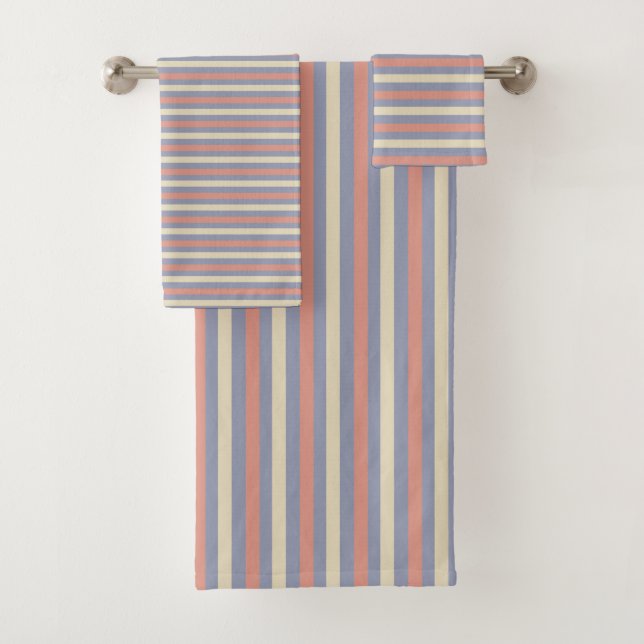 Pastel yellow, orange and blue stripes bath towel set (Insitu)