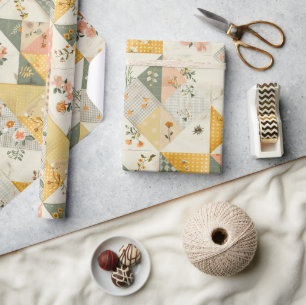 Pastel Yellow Peach Quilt Gingham Polka Dot  Wrapping Paper