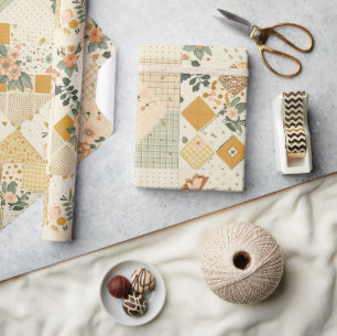 Pastel Yellow Peach Quilt Gingham Polka Dot Wrapping Paper
