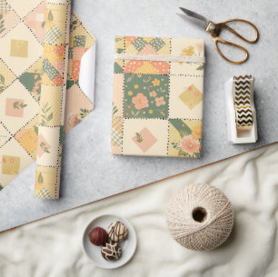 Pastel Yellow Peach Quilt Gingham Polka Dot  Wrapping Paper