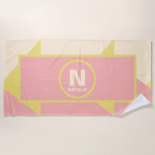 Pastel Yellow Pink and Cream Geometric Girls Name Beach Towel