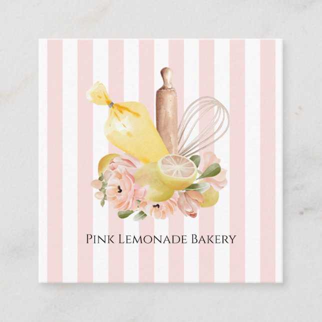 Pastel Yellow Pink Bakery Square Business Card (Front)