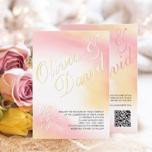 Pastel Yellow Pink Watercolor RSVP QR Wedding