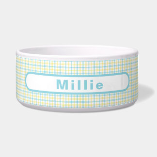 Pastel Yellow Plaid Custom Name Pet Food Water
