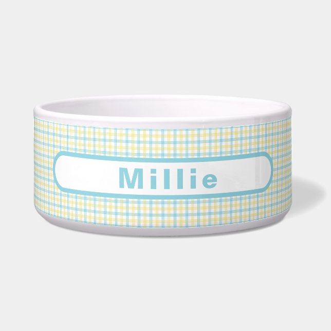Pastel Yellow Plaid Custom Name Pet Food Water (Front)