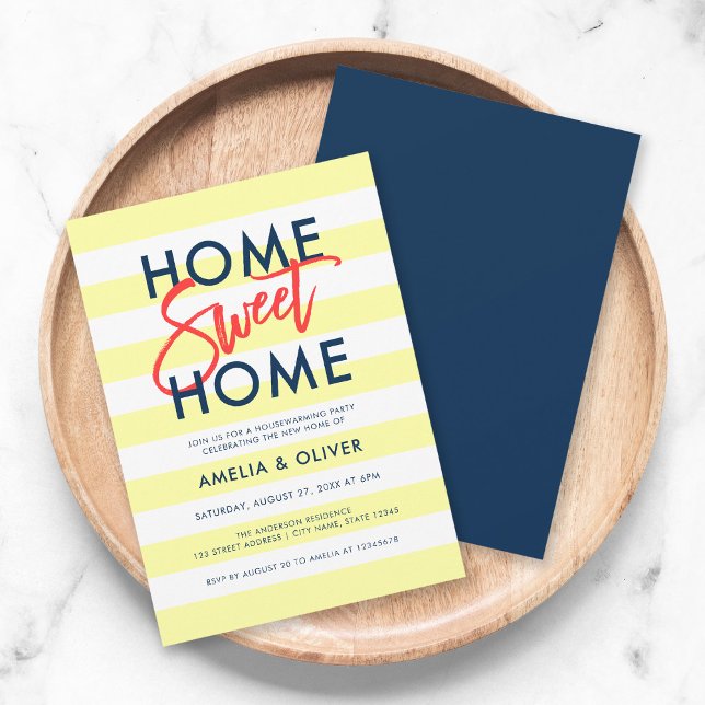 Pastel Yellow Stripes Blue Housewarming Party Invitation (Creator Uploaded)