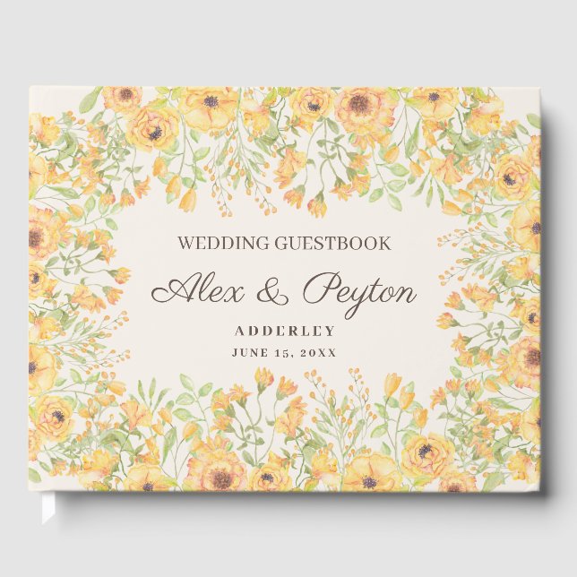 Pastel Yellow Watercolor Floral Wedding  Guest Book (Front)