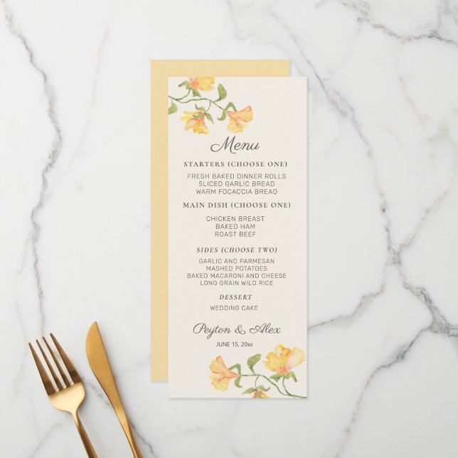 Pastel Yellow Watercolor Floral Wedding Reception  Menu (Front/Back In Situ)
