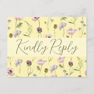 Pastel Yellow Wild Flower Boho Garden Wedding RSVP Invitation Postcard