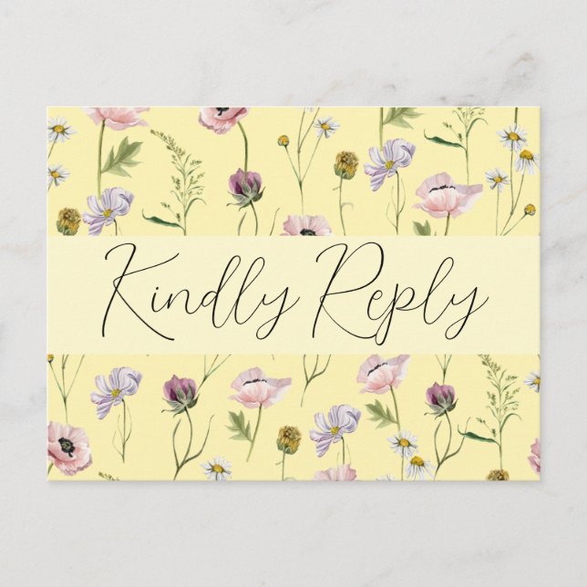 Pastel Yellow Wild Flower Boho Garden Wedding RSVP Invitation Postcard (Front)