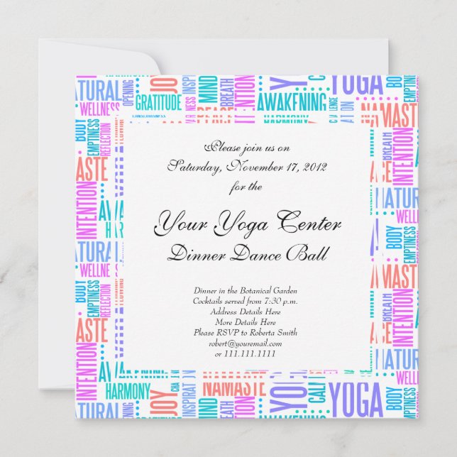 Pastel Yoga Word Cloud Elegant Pattern Invitation (Front)