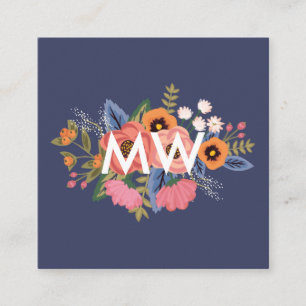 Pastels & Dark Blue Boho Floral Bouquet Monogram Square Business Card