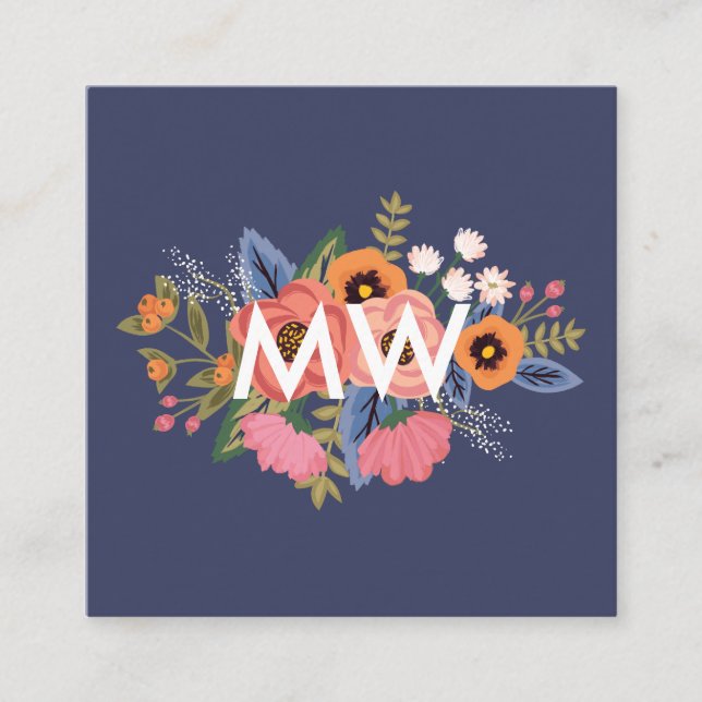 Pastels & Dark Blue Boho Floral Bouquet Monogram Square Business Card (Front)