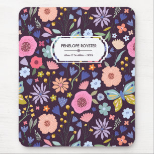 Pastels & Dark Plum Floral Pattern Name Notebook Mouse Mat