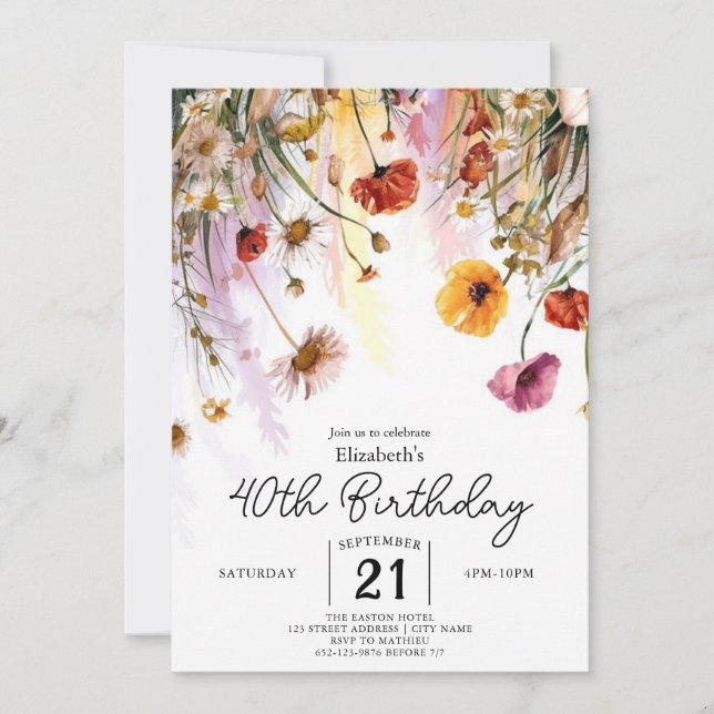 Pastels Flowers Wildflowers 40th birthday  Invitation (Front)