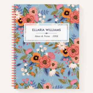 Pastels & Light Blue Boho Floral Pattern Name Notebook