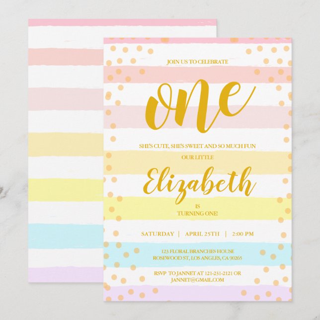 Pastels Pink Stripes Dot Watercolor Girls Birthday Invitation (Front/Back)
