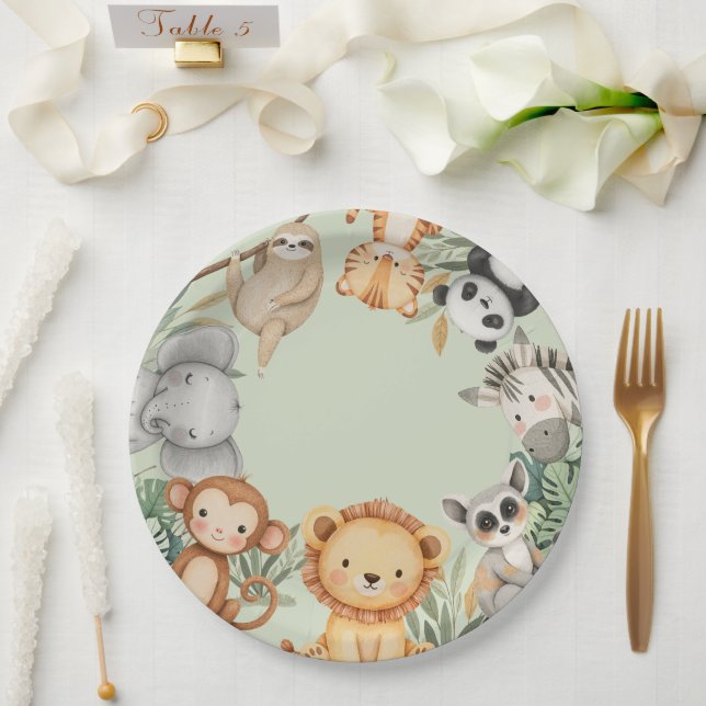 PastelTropical Wild One Jungle Safari Animals  Paper Plate (Wedding)
