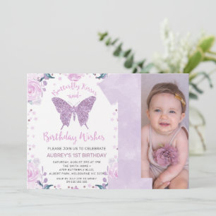 Pastle Purple Glitter Photo Butterfly 1st Birthday Invitation