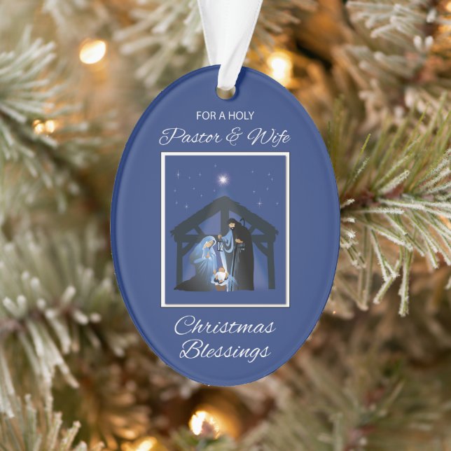 Pastor and Wife Christmas Blessings Manger on Blue Ornament (Tree)