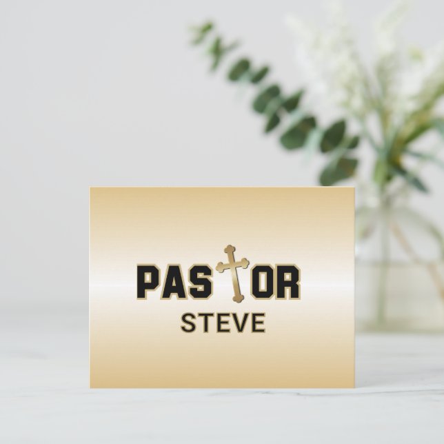 Pastor Black Gold Cross Personalised  Postcard (Standing Front)