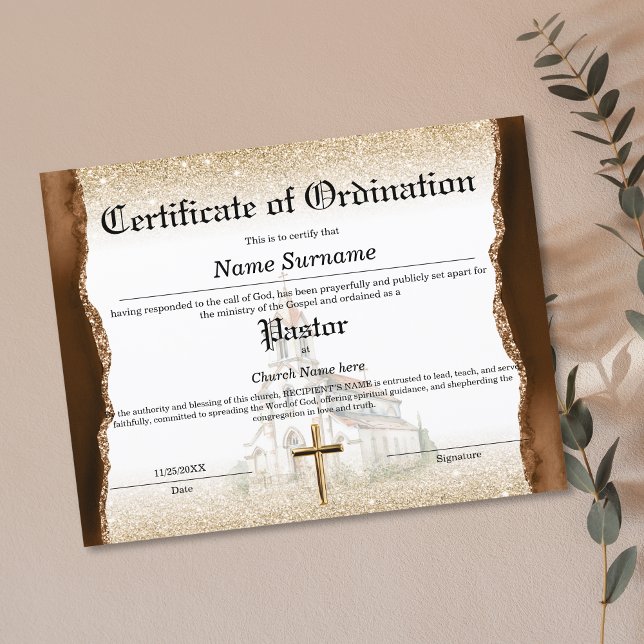 Pastor Church Certificate of Ordination (church ordination certificate with brown agate and gold glitter combined with watercolor church )