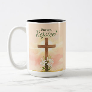 Pastor Easter Rejoice Cross and Lilies Religious Two-Tone Coffee Mug