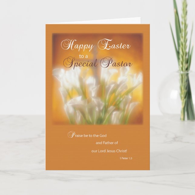 Pastor Happy Easter Lilies with Cross Holiday Card (Front)