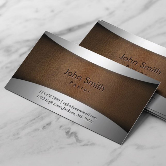 Pastor Modern Metal Steel & Leather Business Card (Creator Uploaded)