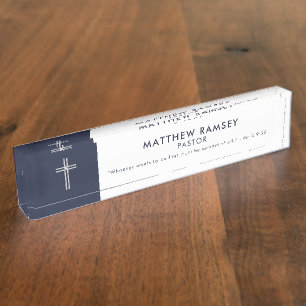 Pastor Modern Minimal Cross Scripture Navy  Nameplate