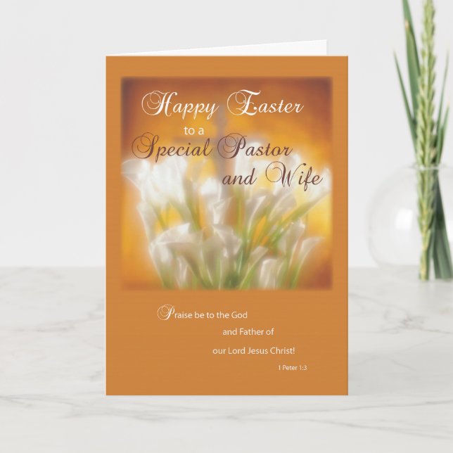 Pastor & Wife Happy Easter Lilies with Cross Holiday Card (Front)