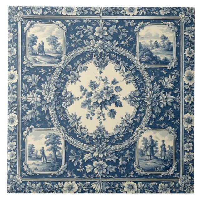 Pastoral Country Rural Folks French Toile Heritage Tile (Front)