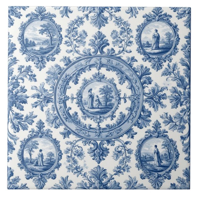 Pastoral Countryside Rural Folks French Toile Blue Tile (Front)