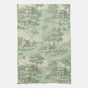 Pastoral Sage Green Toile Countryside Farm Scene 1 Tea Towel
