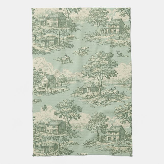 Pastoral Sage Green Toile Countryside Farm Scene 1 Tea Towel (Vertical)