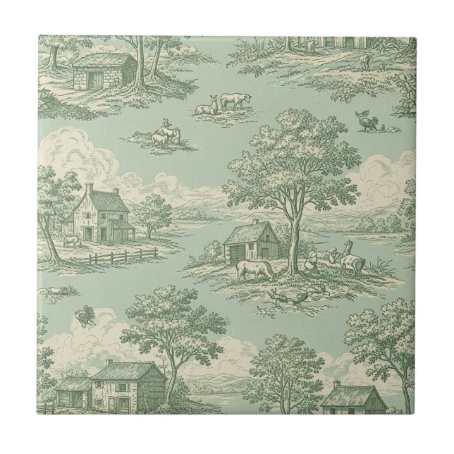 Pastoral Sage Green Toile Countryside Farm Scene 1 Tile (Front)