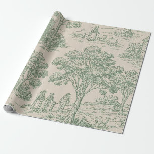 Pastoral Sage Green Toile Countryside Farm Scene 2 Wrapping Paper