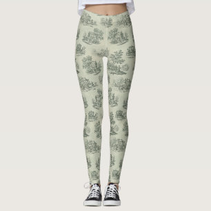 Pastoral Sage Green Toile Countryside Farm Scene 3 Leggings