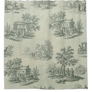 Pastoral Sage Green Toile Countryside Farm Scene 3 Shower Curtain