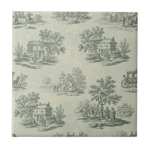 Pastoral Sage Green Toile Countryside Farm Scene 3 Tile