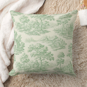Pastoral Sage Green Toile Countryside Farm Scene 5 Cushion