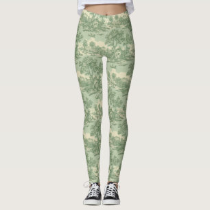 Pastoral Sage Green Toile Countryside Farm Scene 6 Leggings