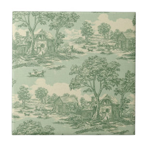 Pastoral Sage Green Toile Countryside Farm Scene 6 Tile