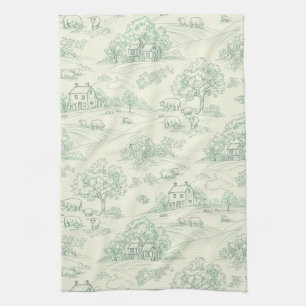 Pastoral Sage Green Toile Countryside Farm Scene 8 Tea Towel
